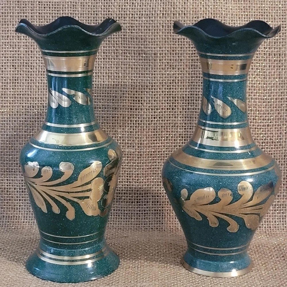 Green Enamel Brass Vase Set Of 2 Etched Floral Design Made In India